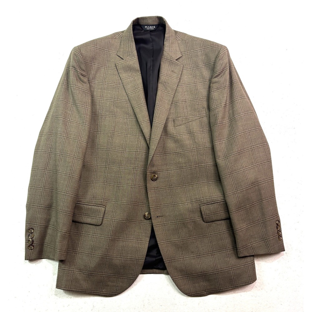 Jos A Bank 44R Brown Windowpane Blazer Jacket Sport Suit Coat Travelers Tailored